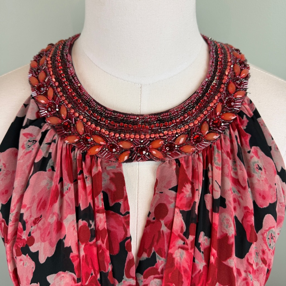 Teri Jon Red and Black Floral Maxi Gown Dress Beaded Collar size 10 Formal - Picture 3 of 9
